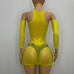 Mesh Yellow Off Shoulder Spandex Dress With Holes