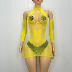 Mesh Yellow Off Shoulder Spandex Dress With Holes