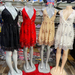 V Cut Flare Strap Spotted Glitter Print Short Dress