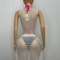 Mesh Skirt Suit With Crop Top With Tie