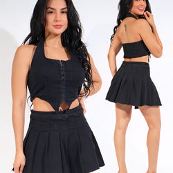LSK 7574 Black Pleated Denim Skirt