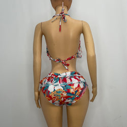 White Flower Pattern  Bikini With Frill