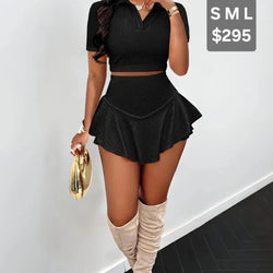 V-Neck Textured Short Sleeve And Skirt Suit