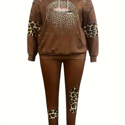 Leopard Print Hoodie With Lip Graphic Set