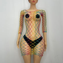 Z Mesh Rainbow Long Sleeve Spandex Dress