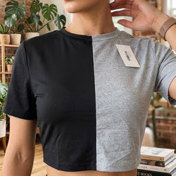 Half Grey And Black Crop Tees