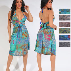 Abstract Vacation Tie Back Halter Dress
