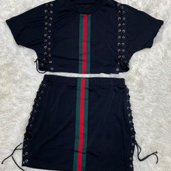 Black Lace Up Crop Tee An Skirt