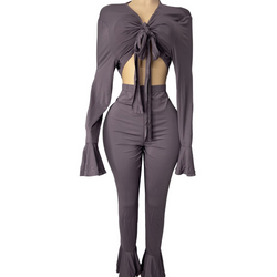 Tie Front Crop Top And Flare Ruffle Hem Pants Set