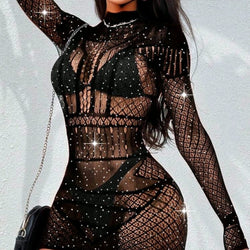 Mesh Black Crystal Fishnet Dress