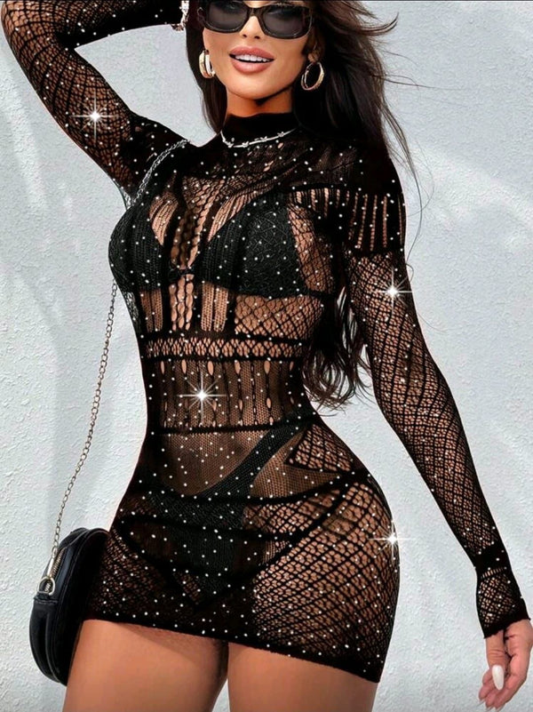 black fishnet dress self-portrait - Rhinestone Crossover Midi waist 24 SHEIN CURVE+ Plus Solid Fishnet
