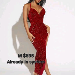 Red Shimmer Lace Up Back Side Split Dress