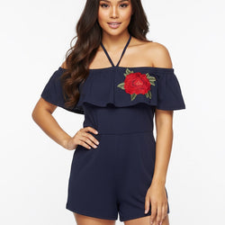 Rose Embroidry Navy Short Romper