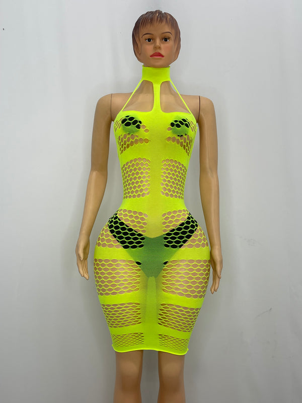 Z Mesh Neon Green Spandex Dress With Choker - shopnickstt Z Mesh Neon Green Spandex Dress With Choker - shopnickstt