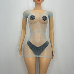 Z Mesh Blue Sparkly Spandex Short Dress