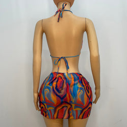 Colourful Wavy Pattern Bikini With Mesh Skirt
