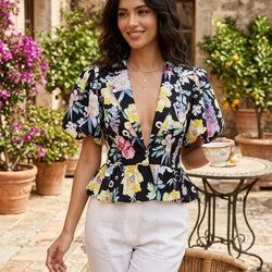 Poof Sleeve Frill Tropical Work Top