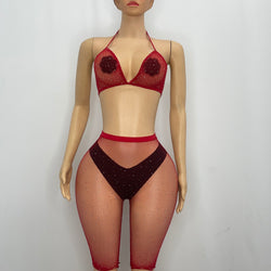 Z Mesh Red Freesize Sparkly Spandex Suit