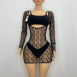 Z Mesh Long Sleeve Open Front Pattern Dress (Medium)1251