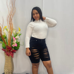 Short 7 Stars Cut Up Black Jeans  6088