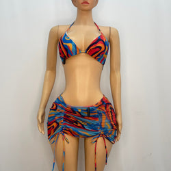 Colourful Wavy Pattern Bikini With Mesh Skirt