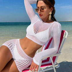 Mesh white Long sleeve Crop Tee And Shorts