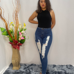 Long Sweet Couture Stitch Waist Medium Blue Cut Up Jeans  121