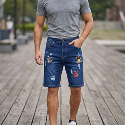 Men Dark Blue Patches Denim Shorts Squalo S 10