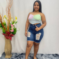 Short Chocolate Medium Blue Cut Up Jeans 8425