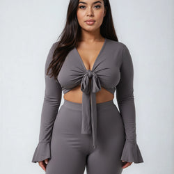 Tie Front Crop Top And Flare Ruffle Hem Pants Set