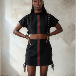 Black Lace Up Crop Tee An Skirt