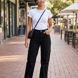 Ladies Black Cargo Straight Jeans LPSH9115102
