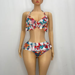 White Flower Pattern  Bikini With Frill