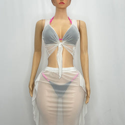 Mesh Skirt Suit With Crop Top With Tie