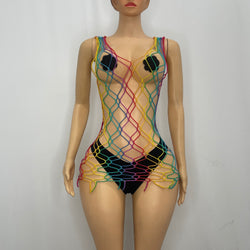 Z Mesh Rainbow Spandex Short Dress
