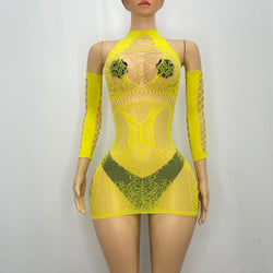 Mesh Yellow Off Shoulder Spandex Dress With Holes