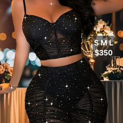 Shiny Pleated Mesh Cup Cami  Top And Skirt
