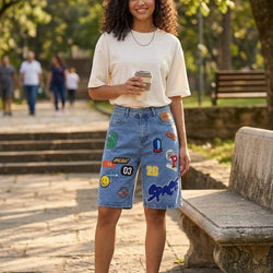 Patch Prints 3/4 Lenght Mom Fit Denim Pants 49230
