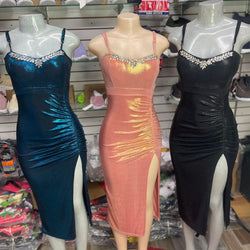 Silver Neckline Thin Strap Shine Midi Dress