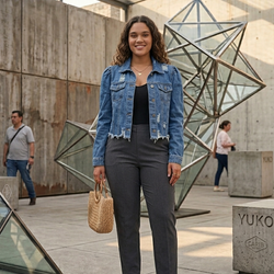 Puff Sleeve Medium Blue Denim Jacket 14901