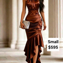 A Brown Portugal Satin Fall Pleat Formal Dress