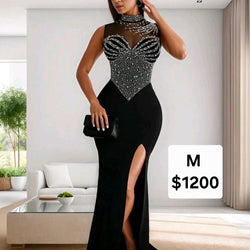 A Black v Front Cut Rhinestone turtke Neck Slit Formal Dress