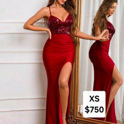 A Red Satin Slit Long Formal Dress Shimmer Top