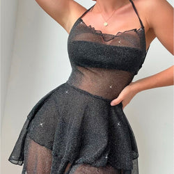 Mesh Short Sparkly Cross Back Dress 1266