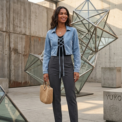 Open Lace Front Long Sleeve Denim Blue Jacket