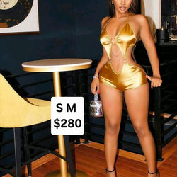 A Gold Romper Swimsuit Open Stomach with Chains