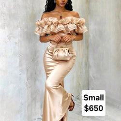 A Formal Dress Off Shoulder Beige Satin Poof