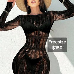 Mesh Long Sleeve Round Neck hollow Out Bodycon Dress